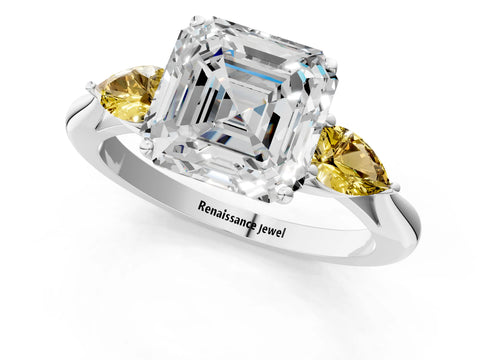 White gold Asscher Cut Diamond Three-Stone Ring with Pear with Yellow Sapphire side stone Side Stones and Prong Setting_37