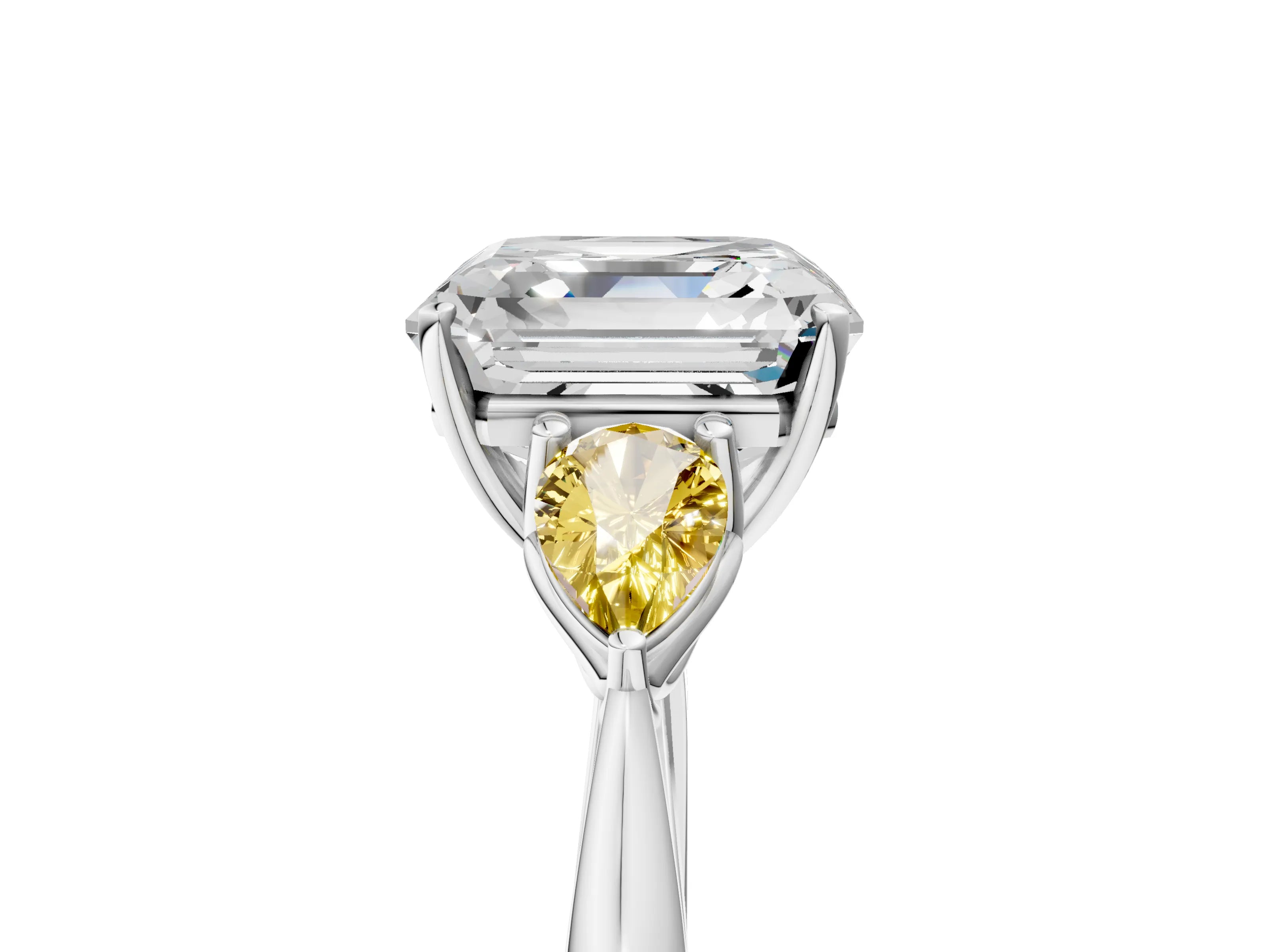 White gold Asscher Cut Diamond Three-Stone Ring with Pear with Yellow Sapphire side stone Side Stones and Prong Setting_41