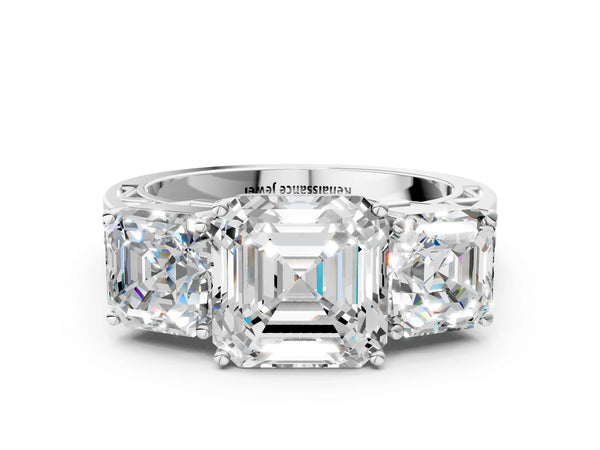 Platinum 4.01 Carat F VVS2 Oval Diamond Three-Stone Ring with Prong Setting and Textured Band