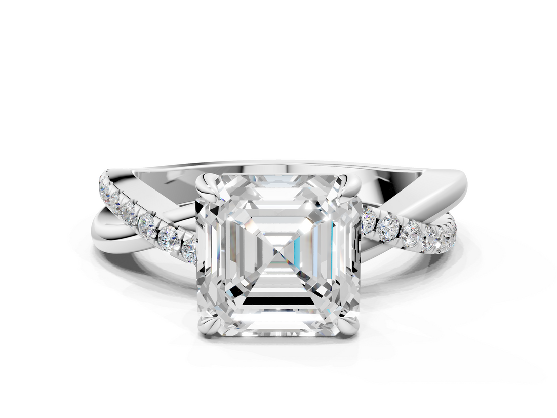 White gold Asscher Cut Diamond Twist Band Solitaire with Prong Setting_23