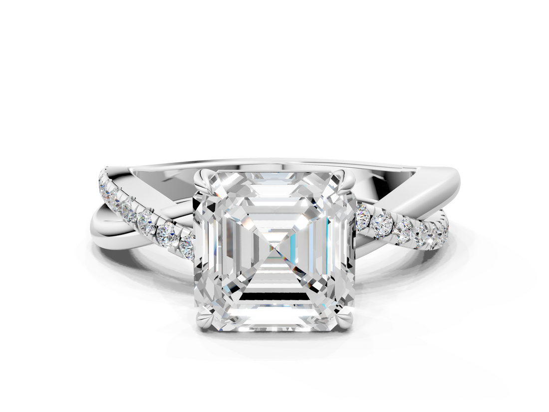 White gold Asscher Cut Diamond Twisted Band with Pavé Setting and Four-Prong Setting_23