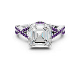 White gold Asscher Cut Diamond with Amethyst side stone Halo Twist Band Solitaire Prong Setting Ring