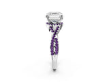 White gold Asscher Cut Diamond with Amethyst side stone Halo Twist Band Solitaire Prong Setting Ring_2