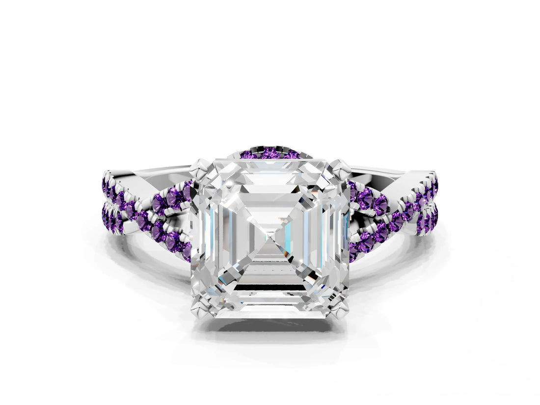 White gold Asscher Cut Diamond with Amethyst side stone Halo Twist Band Solitaire Prong Setting Ring_26