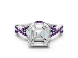 White gold Asscher Cut Diamond with Amethyst side stone Halo Twist Band Solitaire Prong Setting Ring_26