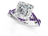 White gold Asscher Cut Diamond with Amethyst side stone Halo Twist Band Solitaire Prong Setting Ring_27