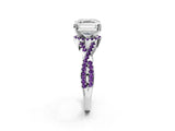 White gold Asscher Cut Diamond with Amethyst side stone Halo Twist Band Solitaire Prong Setting Ring_28