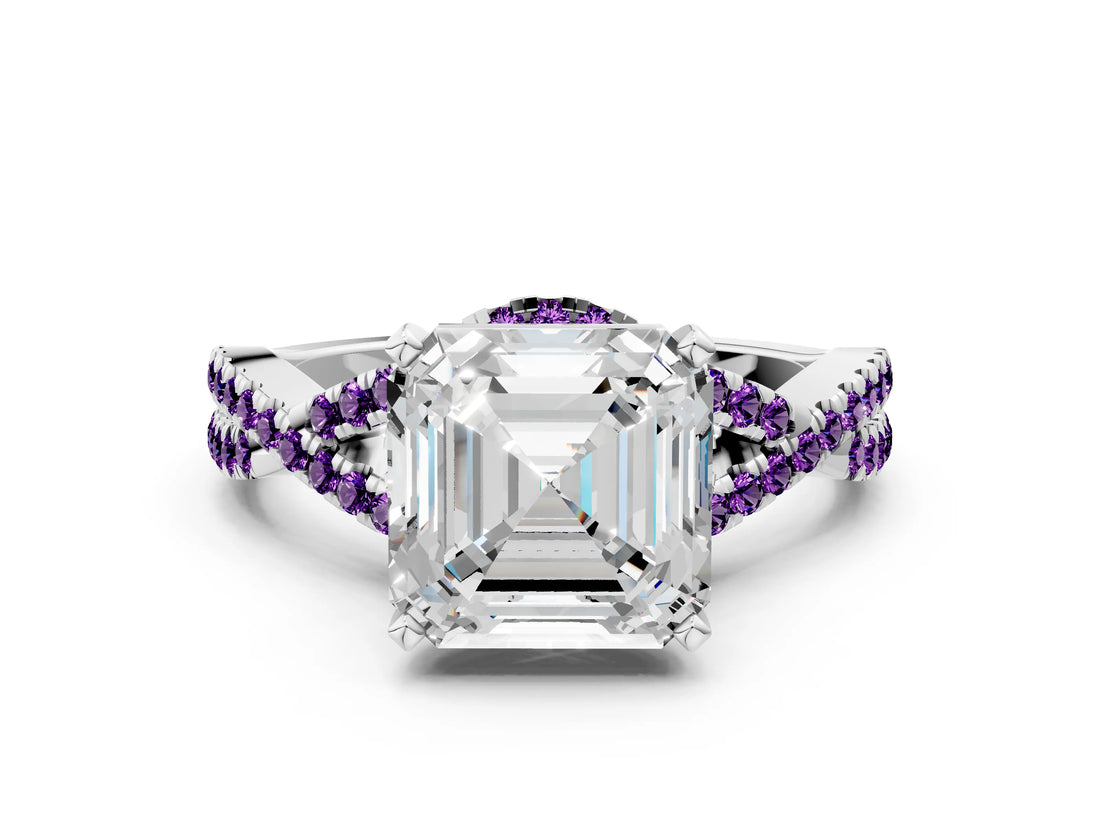 White gold Asscher Cut Diamond with Amethyst side stone Halo Twist Band Solitaire Prong Setting Ring_38