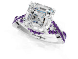 White gold Asscher Cut Diamond with Amethyst side stone Halo Twist Band Solitaire Prong Setting Ring_39