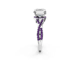 White gold Asscher Cut Diamond with Amethyst side stone Halo Twist Band Solitaire Prong Setting Ring_40