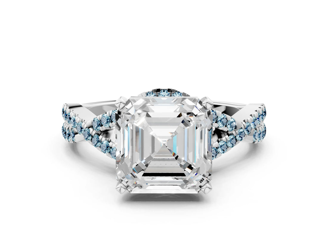 White gold Asscher Cut Diamond with Aquamarine side stone Halo Twist Band Solitaire Prong Setting Ring