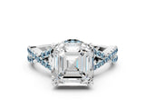 White gold Asscher Cut Diamond with Aquamarine side stone Halo Twist Band Solitaire Prong Setting Ring