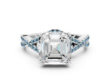 White gold Asscher Cut Diamond with Aquamarine side stone Halo Twist Band Solitaire Prong Setting Ring_24