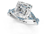White gold Asscher Cut Diamond with Aquamarine side stone Halo Twist Band Solitaire Prong Setting Ring_25