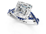 White gold Asscher Cut Diamond with Blue Sapphire side stone Halo Twist Band Solitaire Prong Setting Ring_13