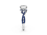 White gold Asscher Cut Diamond with Blue Sapphire side stone Halo Twist Band Solitaire Prong Setting Ring_14