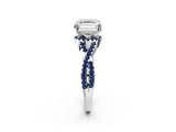 White gold Asscher Cut Diamond with Blue Sapphire side stone Halo Twist Band Solitaire Prong Setting Ring_26