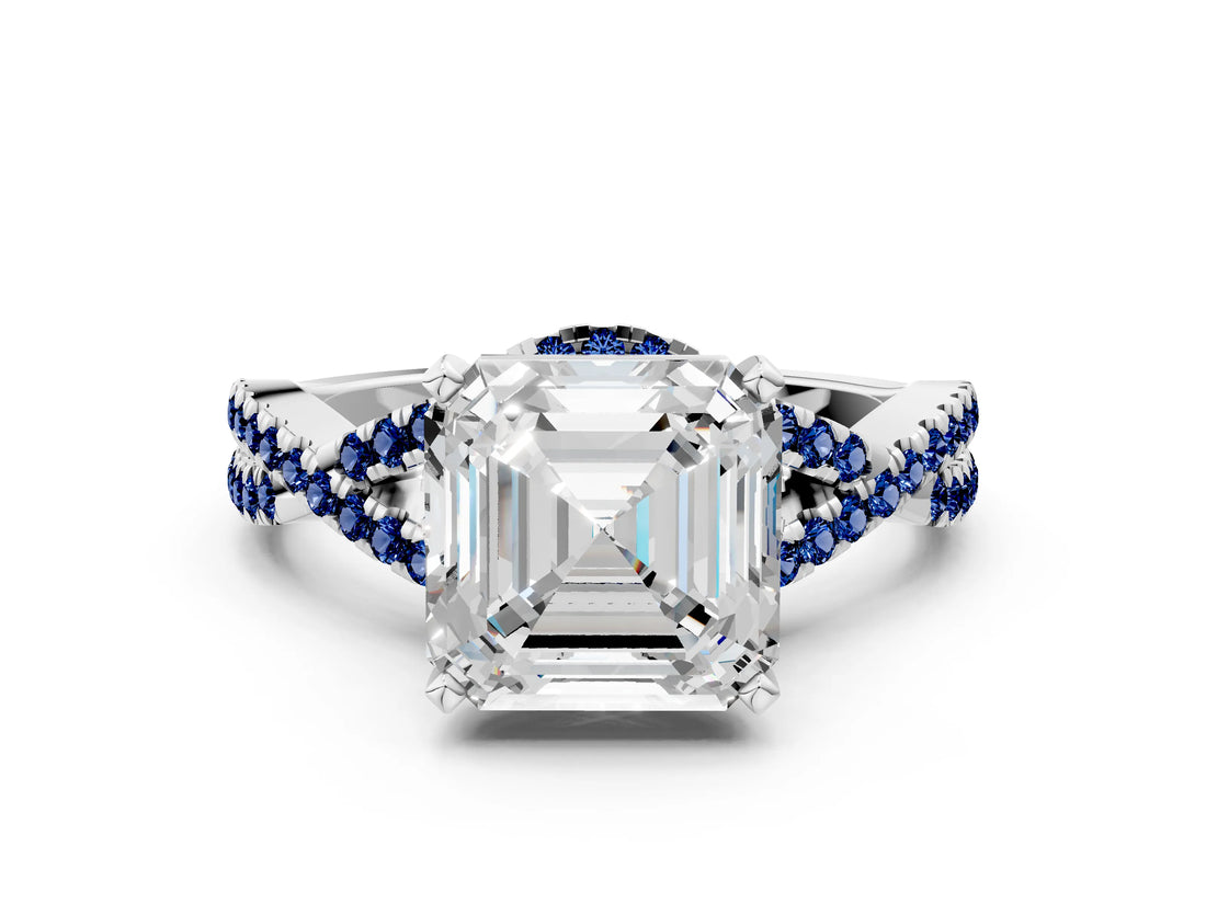 White gold Asscher Cut Diamond with Blue Sapphire side stone Halo Twist Band Solitaire Prong Setting Ring_36