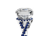 White gold Asscher Cut Diamond with Blue Sapphire side stone Halo Twist Band Solitaire Prong Setting Ring_5