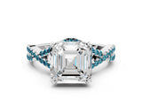 White gold Asscher Cut Diamond with Blue Topaz side stone Halo Twist Band Solitaire Prong Setting Ring