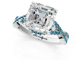 White gold Asscher Cut Diamond with Blue Topaz side stone Halo Twist Band Solitaire Prong Setting Ring_1