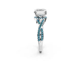 White gold Asscher Cut Diamond with Blue Topaz side stone Halo Twist Band Solitaire Prong Setting Ring_2
