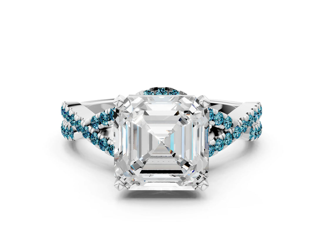 White gold Asscher Cut Diamond with Blue Topaz side stone Halo Twist Band Solitaire Prong Setting Ring_24