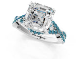 White gold Asscher Cut Diamond with Blue Topaz side stone Halo Twist Band Solitaire Prong Setting Ring_25