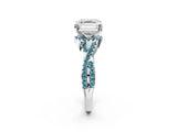 White gold Asscher Cut Diamond with Blue Topaz side stone Halo Twist Band Solitaire Prong Setting Ring_26