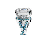 White gold Asscher Cut Diamond with Blue Topaz side stone Halo Twist Band Solitaire Prong Setting Ring_5