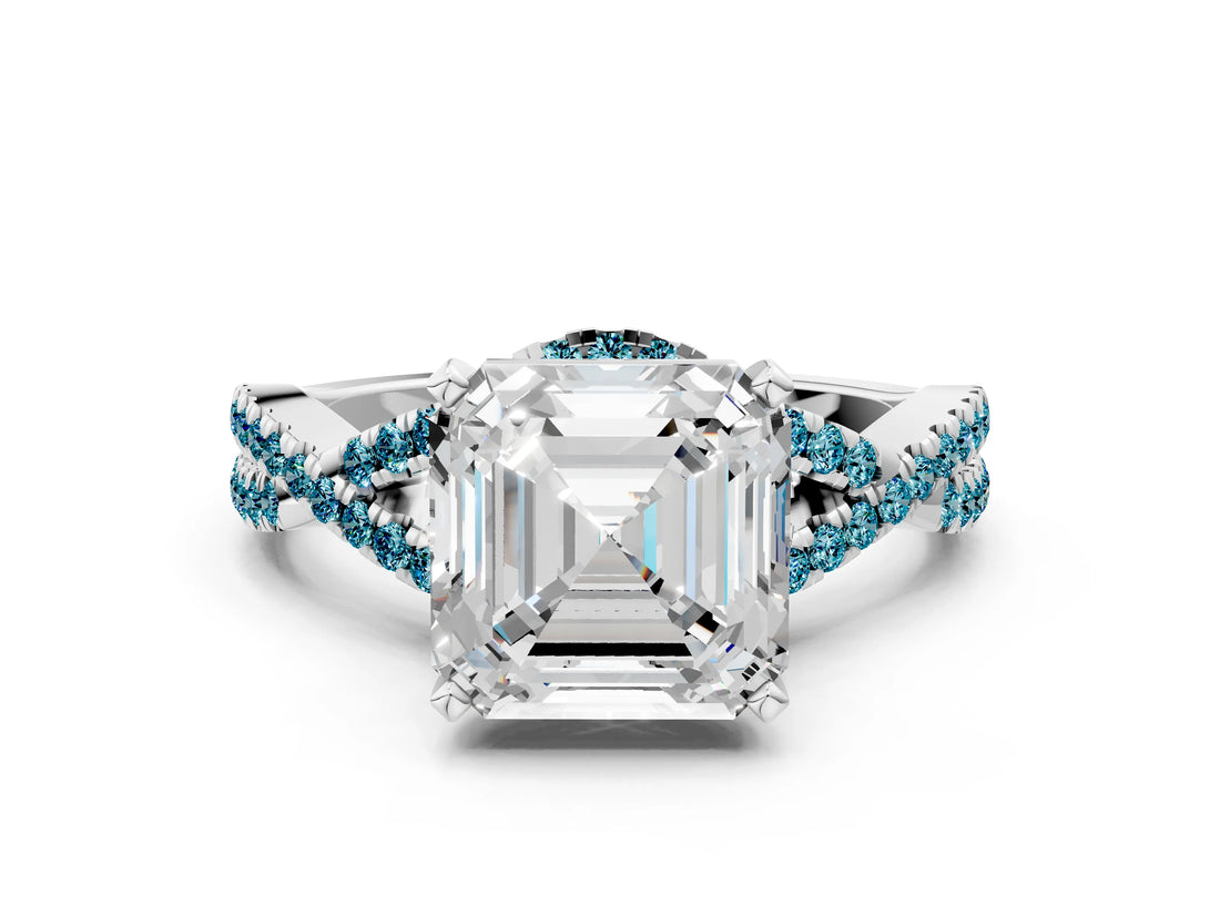 White gold Asscher Cut Diamond with Blue Topaz side stone Halo Twist Band Solitaire Prong Setting Ring