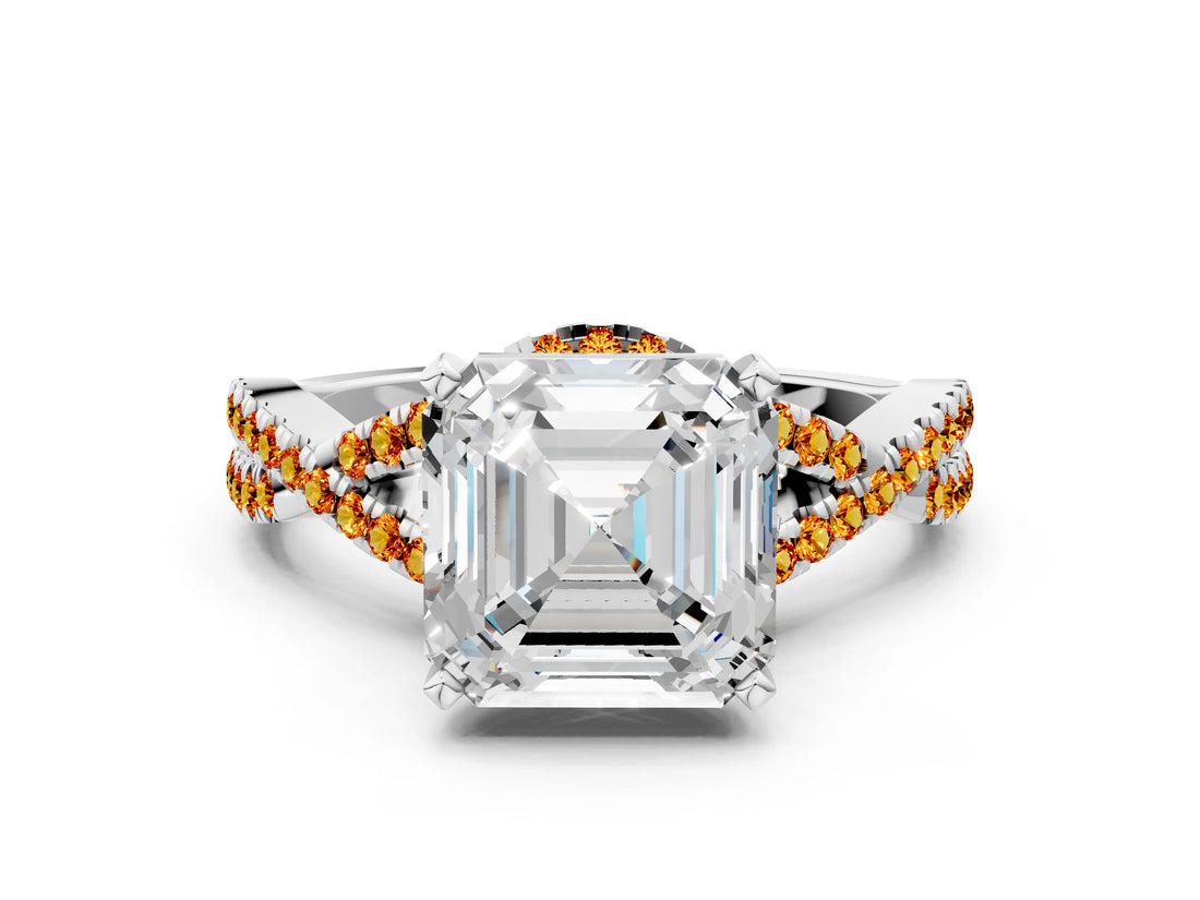 White gold Asscher Cut Diamond with Citrine side stone Halo Twist Band Solitaire Prong Setting Ring