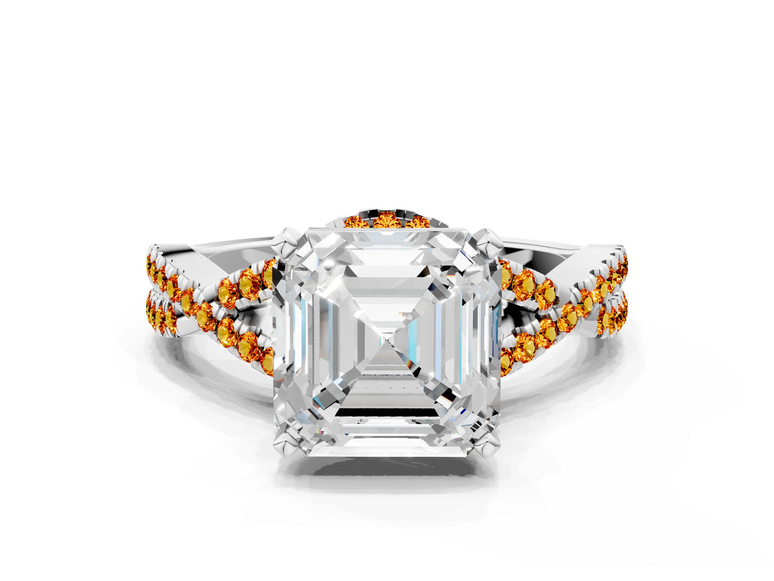 White gold Asscher Cut Diamond with Citrine side stone Halo Twist Band Solitaire Prong Setting Ring_42