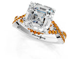 White gold Asscher Cut Diamond with Citrine side stone Halo Twist Band Solitaire Prong Setting Ring_43