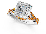 White gold Asscher Cut Diamond with Citrine side stone Halo Twist Band Solitaire Prong Setting Ring_55