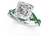 White gold Asscher Cut Diamond with Emerald side stone Halo Twist Band Solitaire Prong Setting Ring_1
