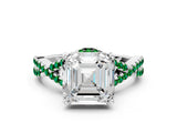 White gold Asscher Cut Diamond with Emerald side stone Halo Twist Band Solitaire Prong Setting Ring_12