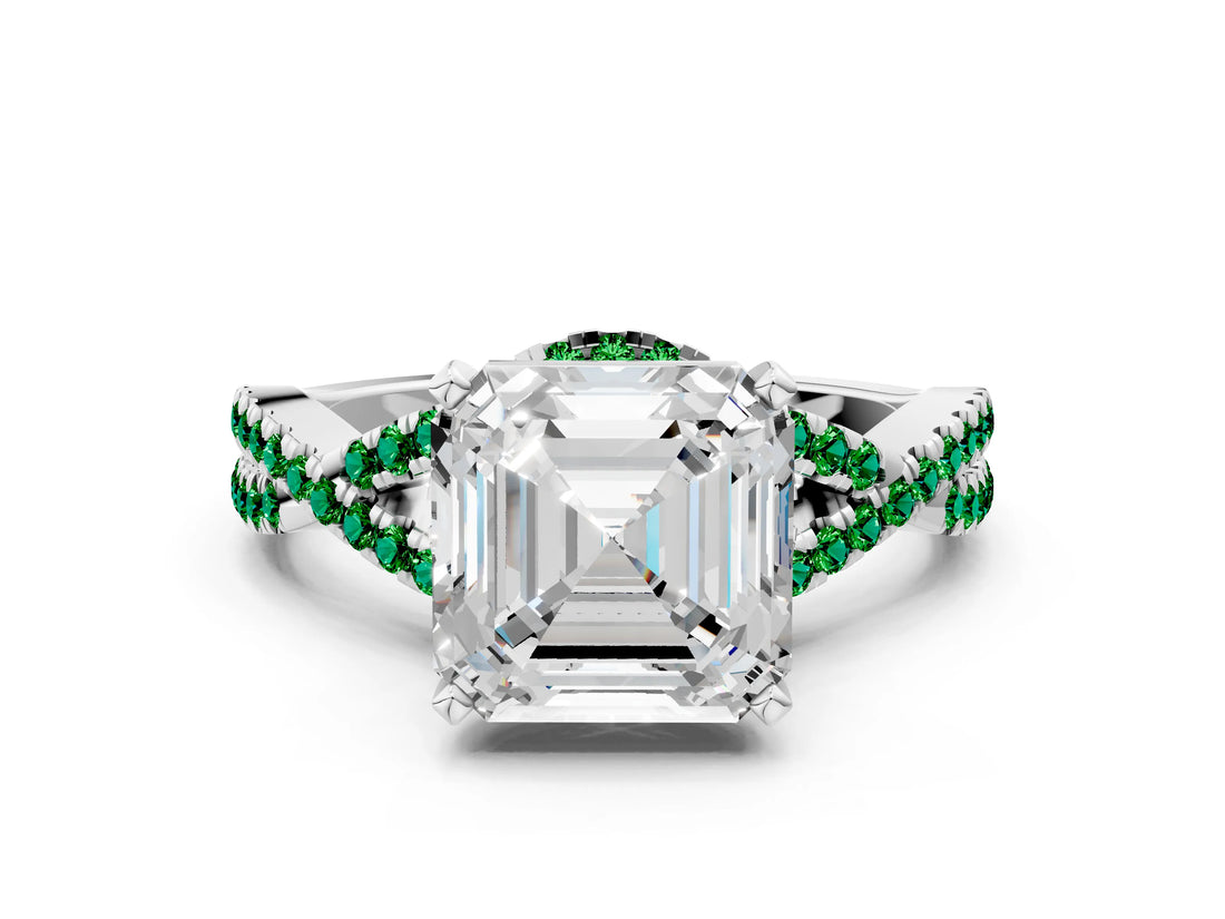 White gold Asscher Cut Diamond with Emerald side stone Halo Twist Band Solitaire Prong Setting Ring