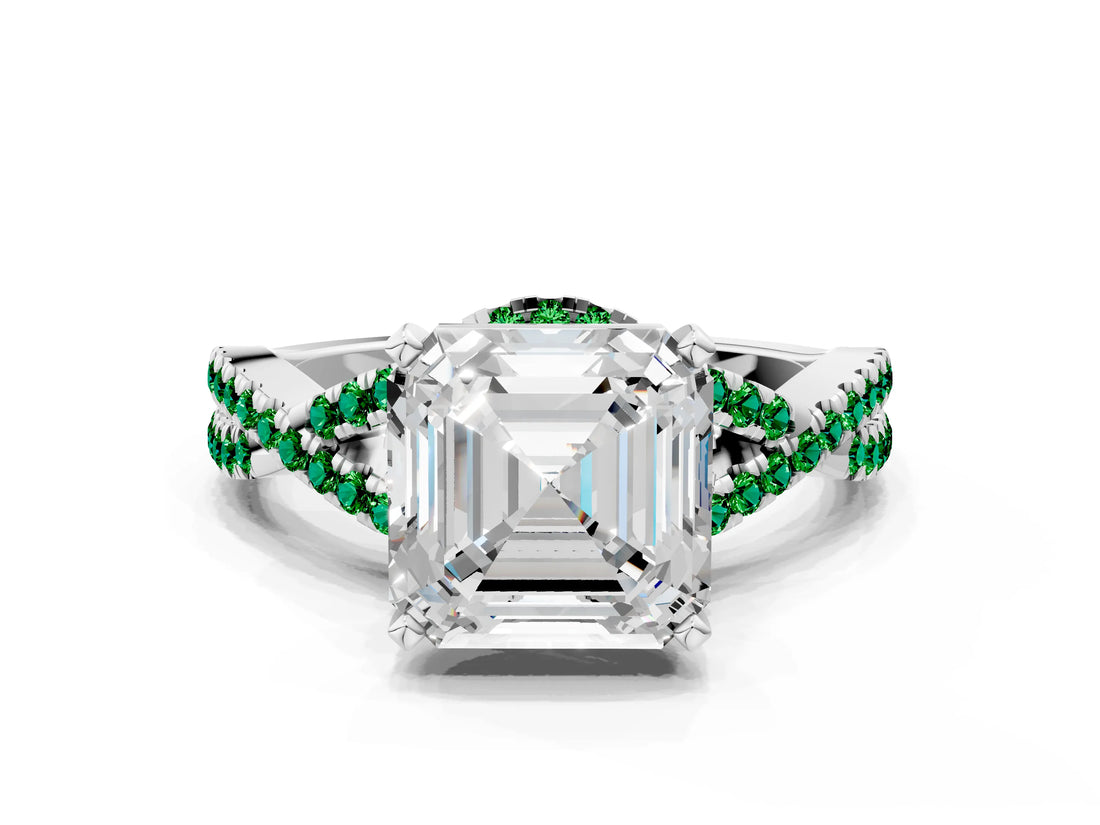 White gold Asscher Cut Diamond with Emerald side stone Halo Twist Band Solitaire Prong Setting Ring_25