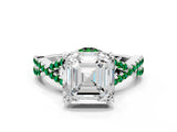 White gold Asscher Cut Diamond with Emerald side stone Halo Twist Band Solitaire Prong Setting Ring_25