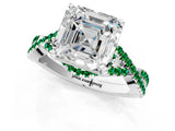 White gold Asscher Cut Diamond with Emerald side stone Halo Twist Band Solitaire Prong Setting Ring_26