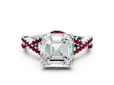 White gold Asscher Cut Diamond with Garnet side stone Halo Twist Band Solitaire Prong Setting Ring