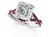 White gold Asscher Cut Diamond with Garnet side stone Halo Twist Band Solitaire Prong Setting Ring_1