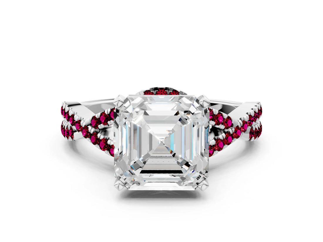 White gold Asscher Cut Diamond with Garnet side stone Halo Twist Band Solitaire Prong Setting Ring_12