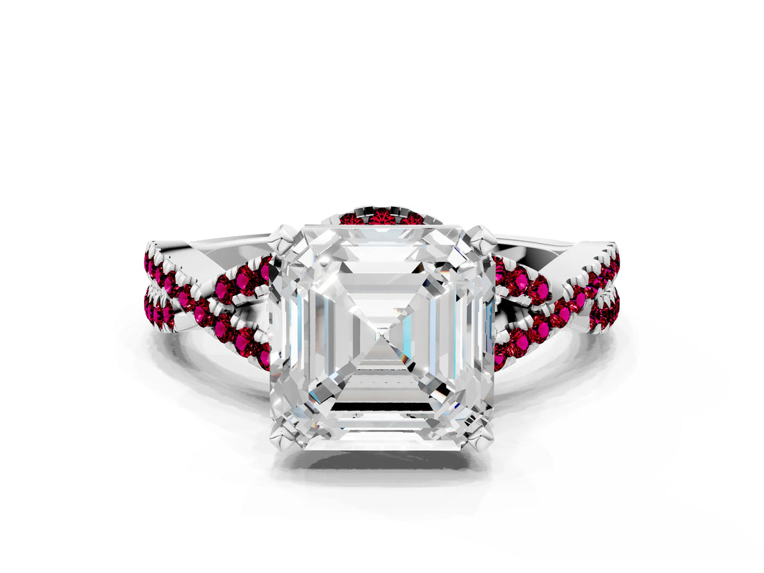 White gold Asscher Cut Diamond with Garnet side stone Halo Twist Band Solitaire Prong Setting Ring_36