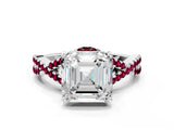 White gold Asscher Cut Diamond with Garnet side stone Halo Twist Band Solitaire Prong Setting Ring_36