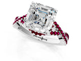 White gold Asscher Cut Diamond with Garnet side stone Halo Twist Band Solitaire Prong Setting Ring_37