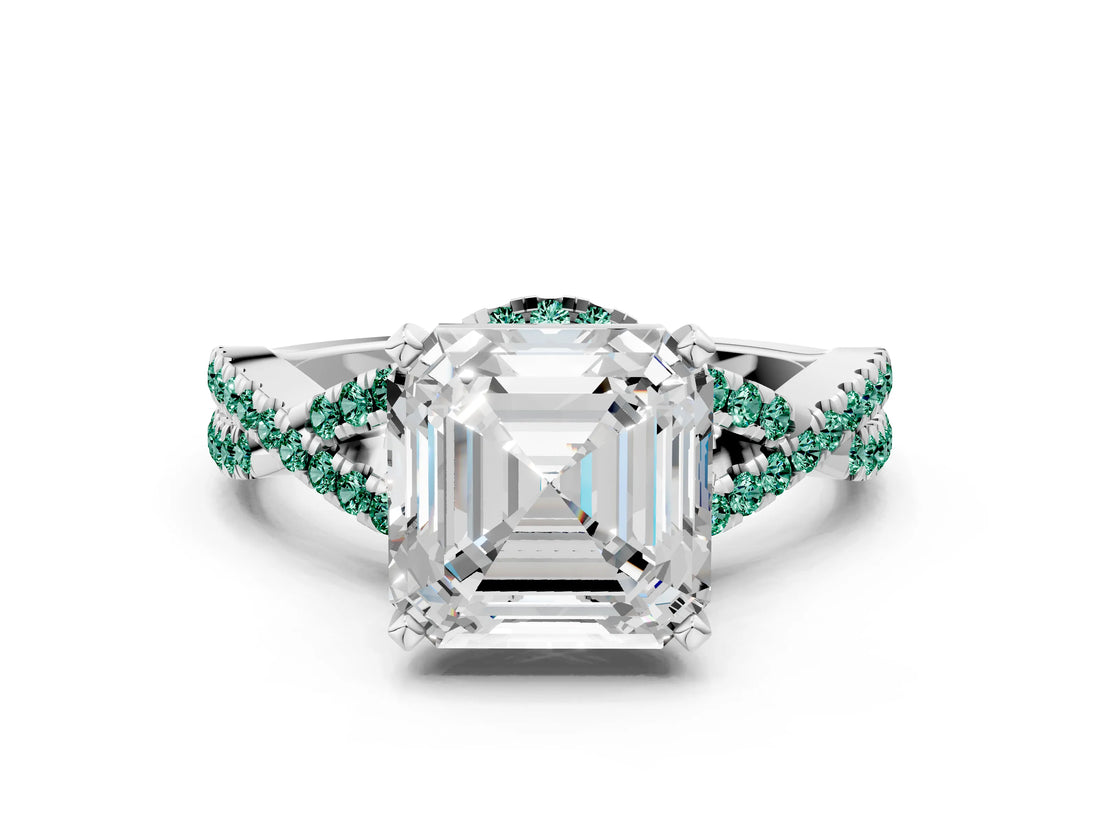 White gold Asscher Cut Diamond with Green Sapphire side stone Halo Twist Band Solitaire Prong Setting Ring_12