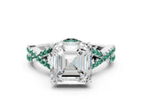 White gold Asscher Cut Diamond with Green Sapphire side stone Halo Twist Band Solitaire Prong Setting Ring_12
