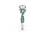 White gold Asscher Cut Diamond with Green Sapphire side stone Halo Twist Band Solitaire Prong Setting Ring_2